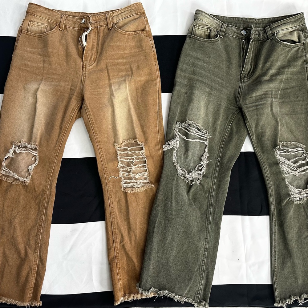 Distressed Tan and Green Jeans